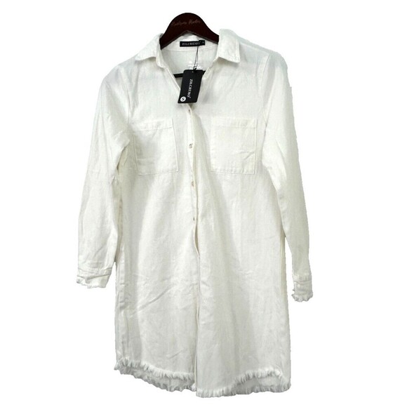 New Zilcremo Women S White Denim Shirt Dress Long Sleeve Jean Button Up 1059T2 - Picture 5 of 12
